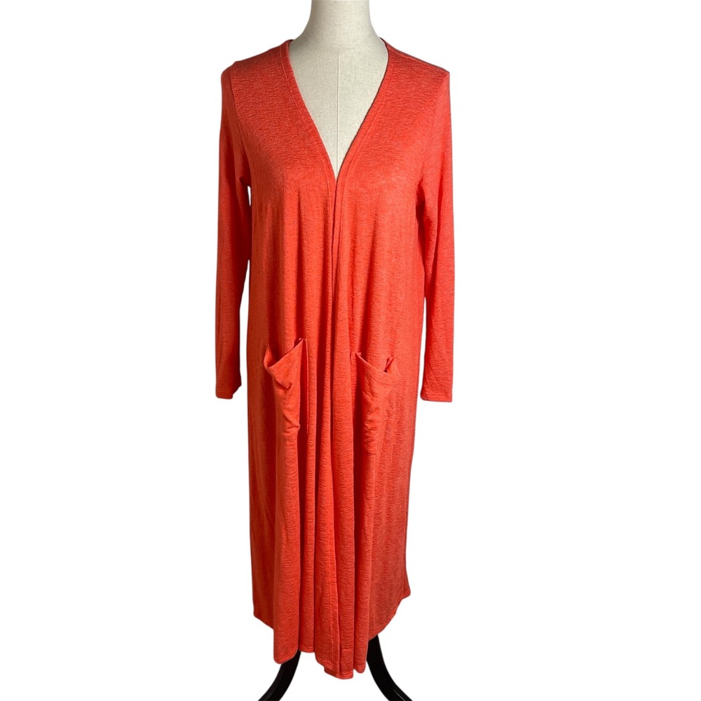 LuLaRoe Coral Orange Longline Duster Cardigan Sweater Pockets Womens Medium‎